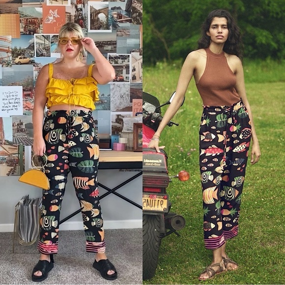 FARM RIO Tropical Fish Print Crepe Beaded Drawstring Embroidered Stripe Pants XS - Picture 1 of 10